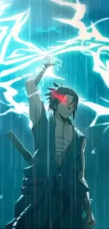 Anime warrior with lightning and red eyes in a stormy scene.