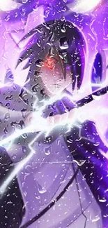 Anime warrior with lightning and raindrops on a vibrant purple background.