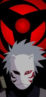 Anime warrior with mask and red symbol on wallpaper.