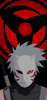 Anime warrior with mask in front of a bold red symbol on a black background.