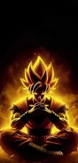 Anime character in meditation with fiery aura.