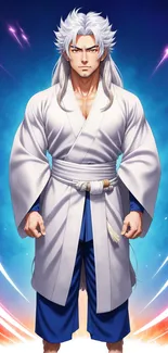 Anime warrior with white hair in traditional attire on a blue background.