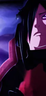 Anime character with dark hair surrounded by purple mystical aura.