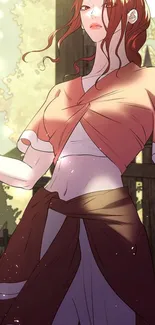 Anime warrior with a pink top stands in sunlit scene.