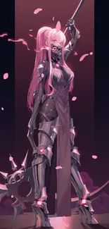 Anime warrior in pink armor with a weapon on a dark background.