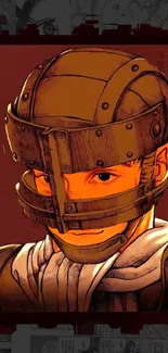 Anime warrior with helmet in dark orange hues.