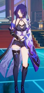 Anime warrior with blue and purple outfit in a detailed background.