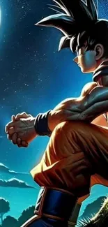 Anime character sitting under the moonlight in a serene scene.