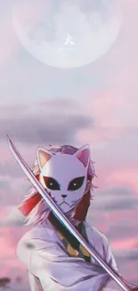 Anime warrior with mask and sword under a full moon in a pink sky.