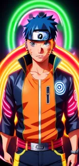 Anime warrior with neon rings in bright colors.