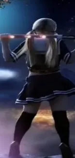 Anime warrior with glowing staff under night sky.