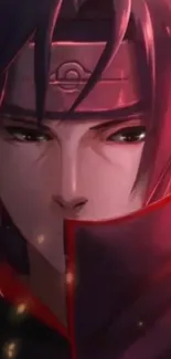 Anime warrior portrait with dark red tones and a mysterious expression.