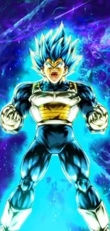 Anime character with blue energy aura and vibrant background.