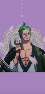 Anime warrior with green hair on a purple background wallpaper.