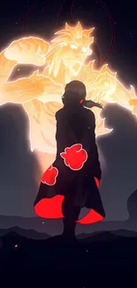 Anime warrior silhouette with fiery spirit glowing in background.