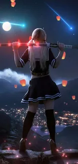 Anime warrior holds sword under a starry sky, surrounded by glowing lanterns.