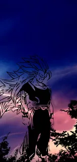 Anime warrior silhouette with stormy sky and lightning backdrop.