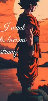 Anime warrior silhouetted against an orange sunset with inspirational text.