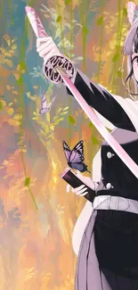 Anime warrior with a sword and butterfly in a vibrant, colorful scene.