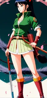 Anime female warrior with cherry blossoms in vibrant colors.