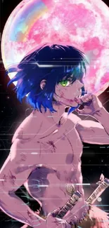 Anime warrior standing under a pink moon, with striking blue hair and a determined look.