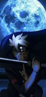 Anime warrior holding a sword under a bright blue moon in a night scenery.