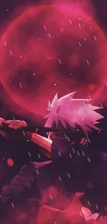 Anime warrior in front of a red moon, creating a mystical and captivating scene.