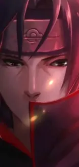 Anime warrior with intense gaze in dark red tones.