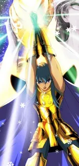 Anime warrior in golden armor with vibrant, glowing lights.