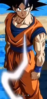 Anime warrior in orange attire with blue background, showcasing vibrant colors.