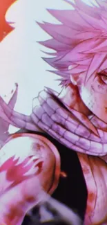 Anime warrior with pink hair in dynamic pose, vibrant colors.