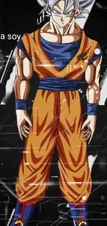 Anime warrior in orange gi with striking pose on dark background.