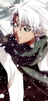 Anime warrior with sword in a snowy winter scene.