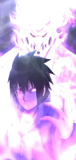 Anime character with purple aura and intense energy backdrop.