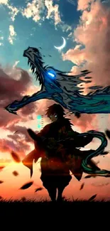 Anime warrior silhouette with dragon under a vibrant sky.