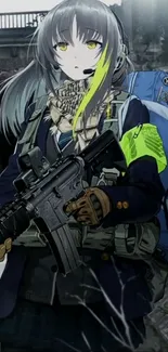 Anime warrior holding a gun with a blue backpack.