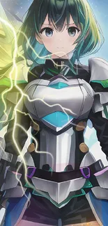 Anime warrior in futuristic armor with lightning effect, vibrant colors.