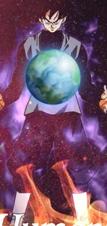 Anime warrior holds a glowing planet with cosmic background.