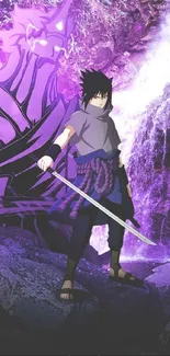 Anime warrior stands with purple aura in vibrant scene.