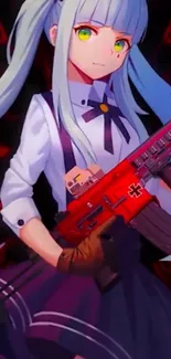 Anime girl with a red gun in a dynamic pose against a dark background.