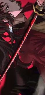 Anime warrior with a sword on a crimson background.