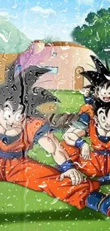 Anime wallpaper with rain effect and popular characters in orange outfits.