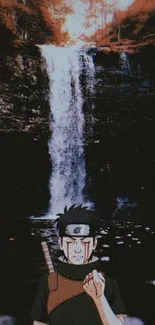 Anime character stands by a waterfall under a dark sky, creating a dramatic scene.