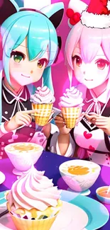 Anime girls enjoying festive desserts in a colorful winter setting.