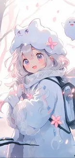 Cute anime girl with spirits in winter scene.