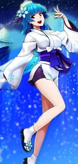 Anime character in winter attire with vibrant blue and white design.