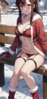 Anime girl in festive winter attire on a snowy bench.