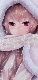 Anime girl in winter attire with snow falling.