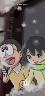 Anime characters in a snowy winter scene, expressing joy.