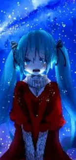 Anime character with blue hair in a winter night setting.